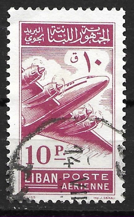 Tutti i francobolli: Libanon 1953: Postflugzeug 10 Pia. braunkarmin – Usato da Zürich venduto da Rainstamps