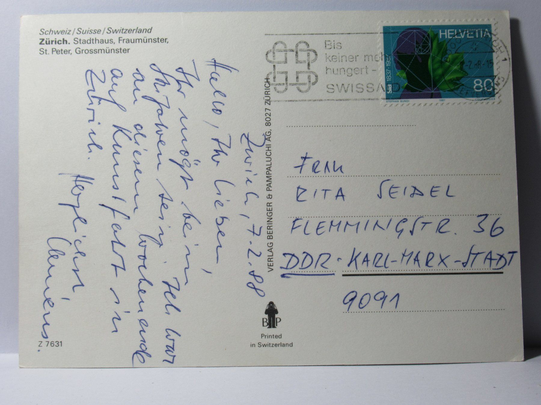 Cartoline postali: Zürich 1988 – Usato da Grenchen venduto da Bluemchen1900 1
