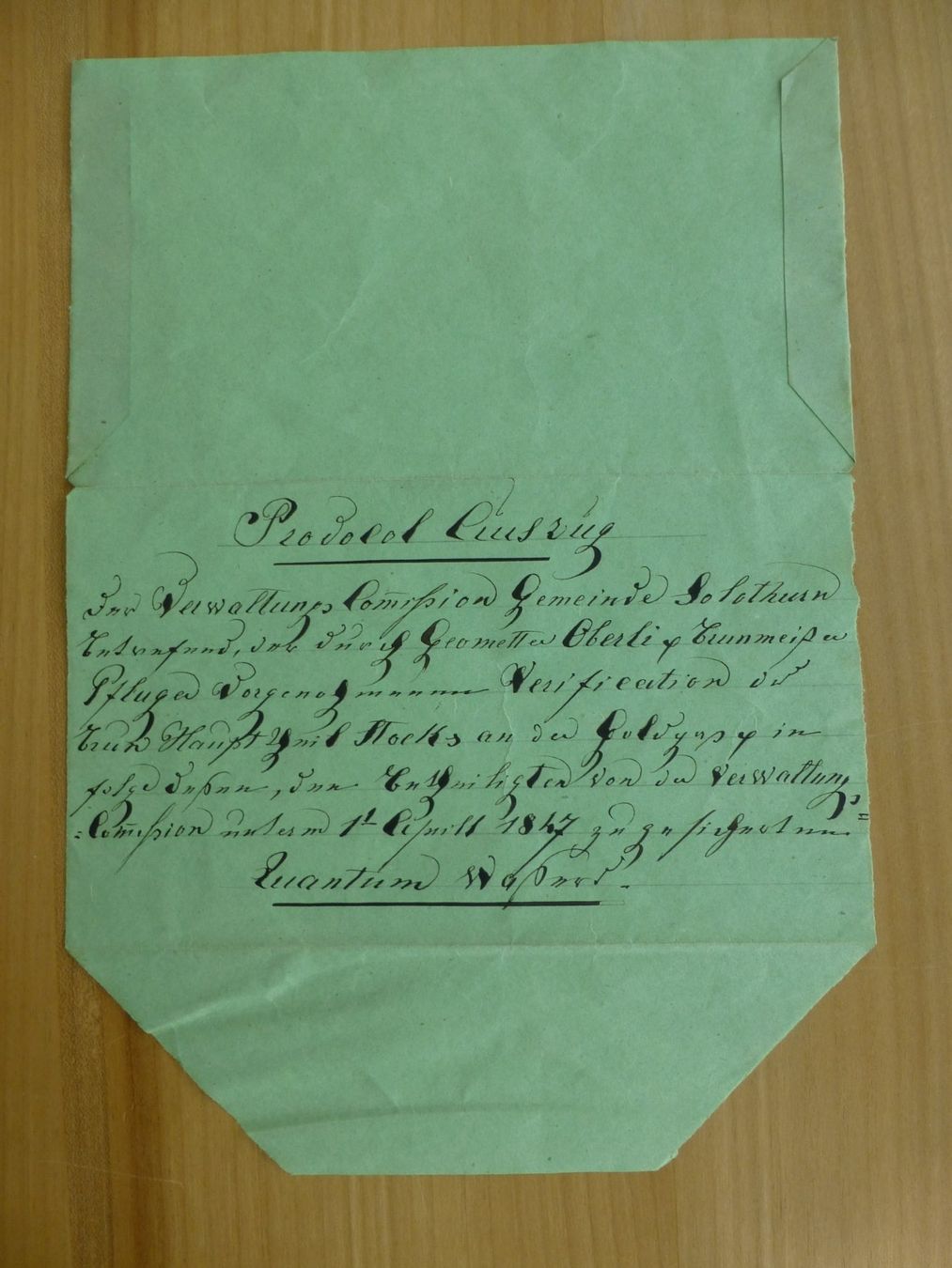 Dokumente: Solothurn, Protocol Auszug, Gemeinde Solothurn 1847 – Gebraucht aus Bettlach von 1saurer 2