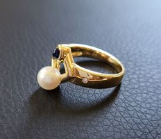 Gold 750 Ring Mit Brillanten~Saphir Cobochon~Perle