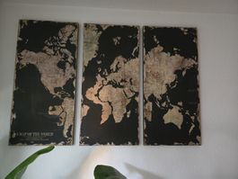 Weltkarten-Bild auf Holz (3-teilig)
