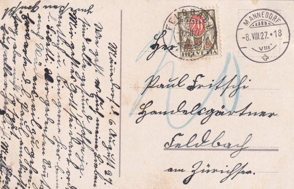Cartoline postali: AK Männedorf, Stempel Feldbach, 1927 – Usato da Stäfa venduto da Hannahsita14 1