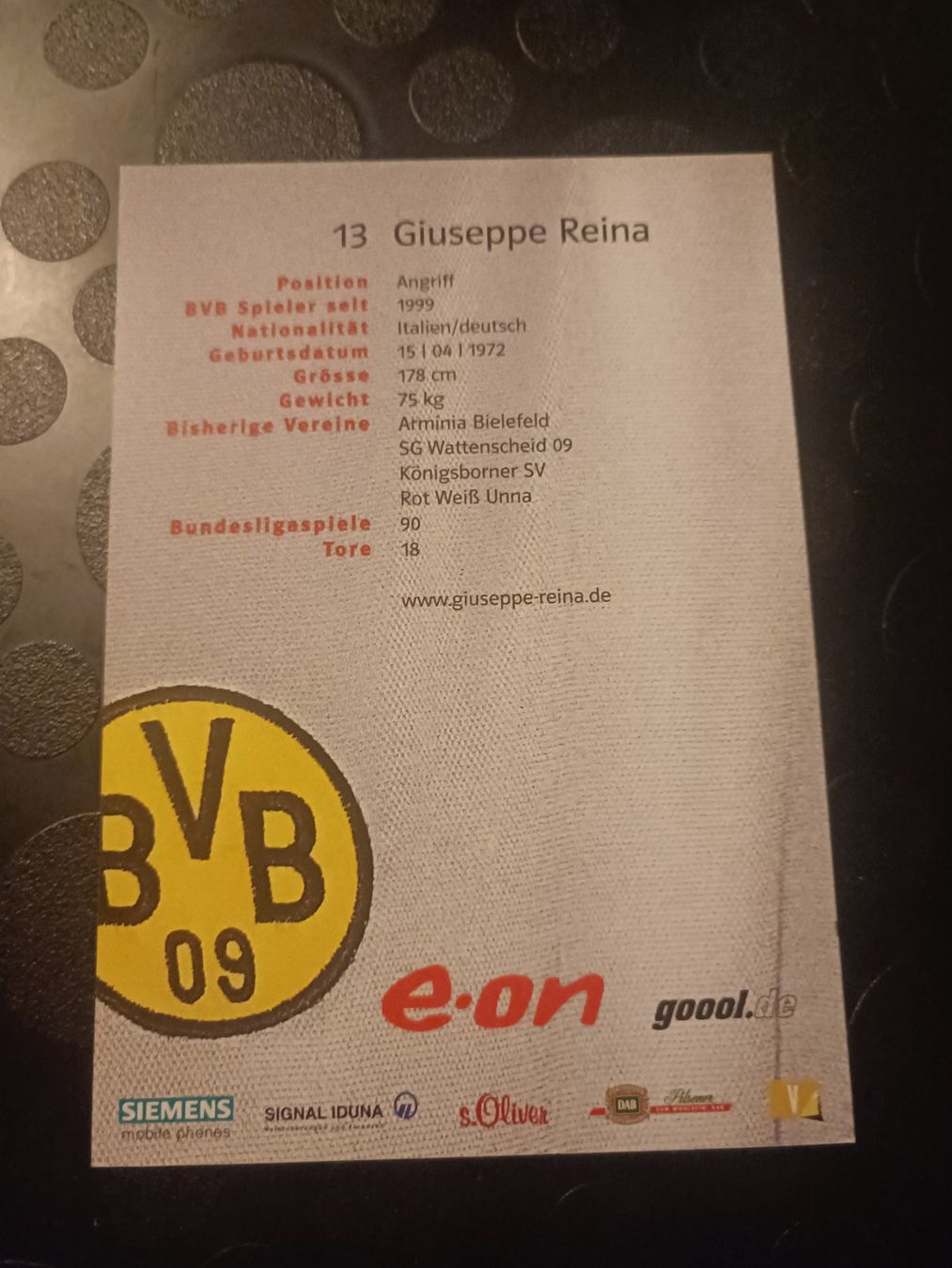 Autografi: Giuseppe Reina - handsigniert BVB - Borussia Dortmund – Usato da Menziken venduto da Artographs 1