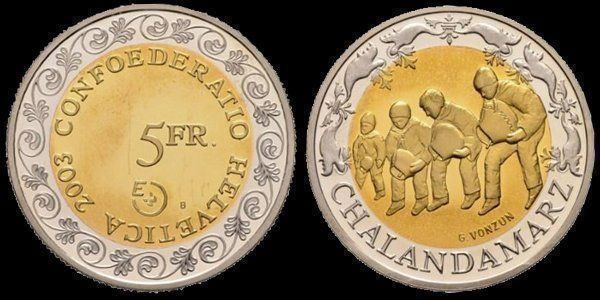 Tutti le monete: Probe // 5 Franken "Chalandamarz" 2003 – Nuovo e nell'imballaggio originale da Pfungen venduto da Aguti77 3