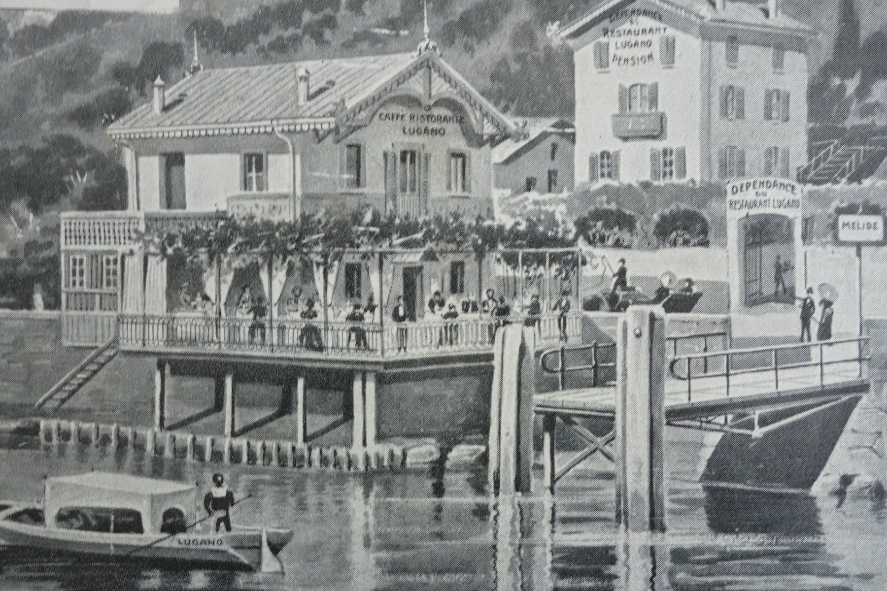 Cartoline postali: MELIDE - un saluto da Melide - -Ristorante Lugano - 1908 – Usato da Ibach venduto da Ibanto 2