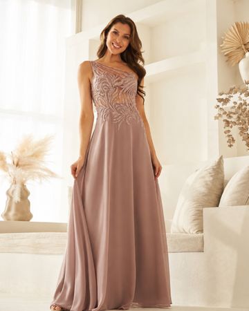 Abendkleid taupe one-shoulder bestickt Grösse S neu