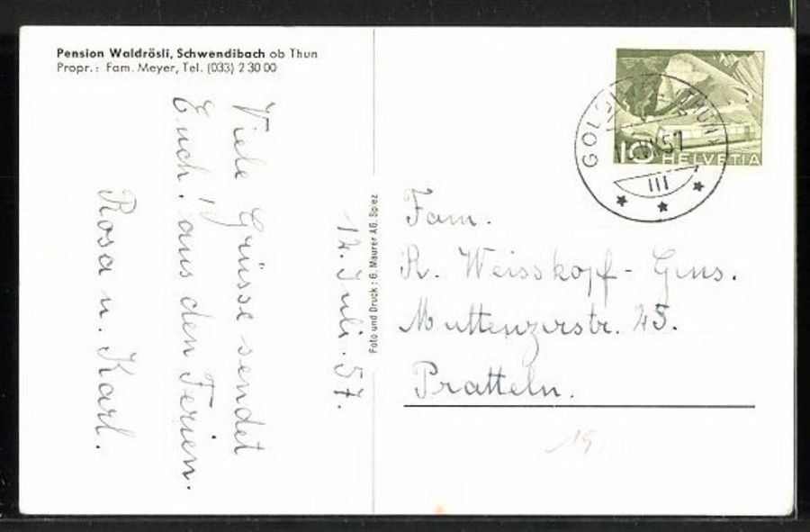 Cartoline postali: Schwendibach ob Thun, Pension Waldrösli – Usato da Frauenfeld venduto da POML 1