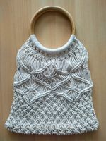70s Vintage Makramee Handtasche mit Silberglanz & Holzgriff