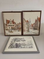 3 Vintage Kreuzstichbild - Altstadt Stadtszene - Holzrahmen
