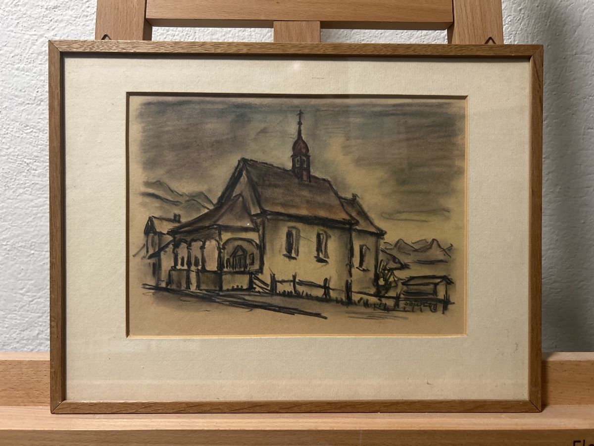 Dipinti: Originale Bleistiftzeichnung "Kirche" gerahmt, vintage! – Usato da Glarus venduto da KunstWerkEr-LS87 1