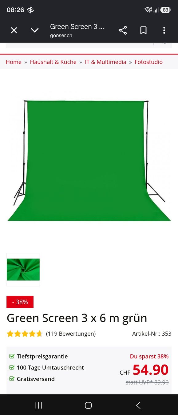 Autres accessoires: Green Screen mit Halterung – Neuf avec emballage d'origine à Egerkingen par vil_5vkk