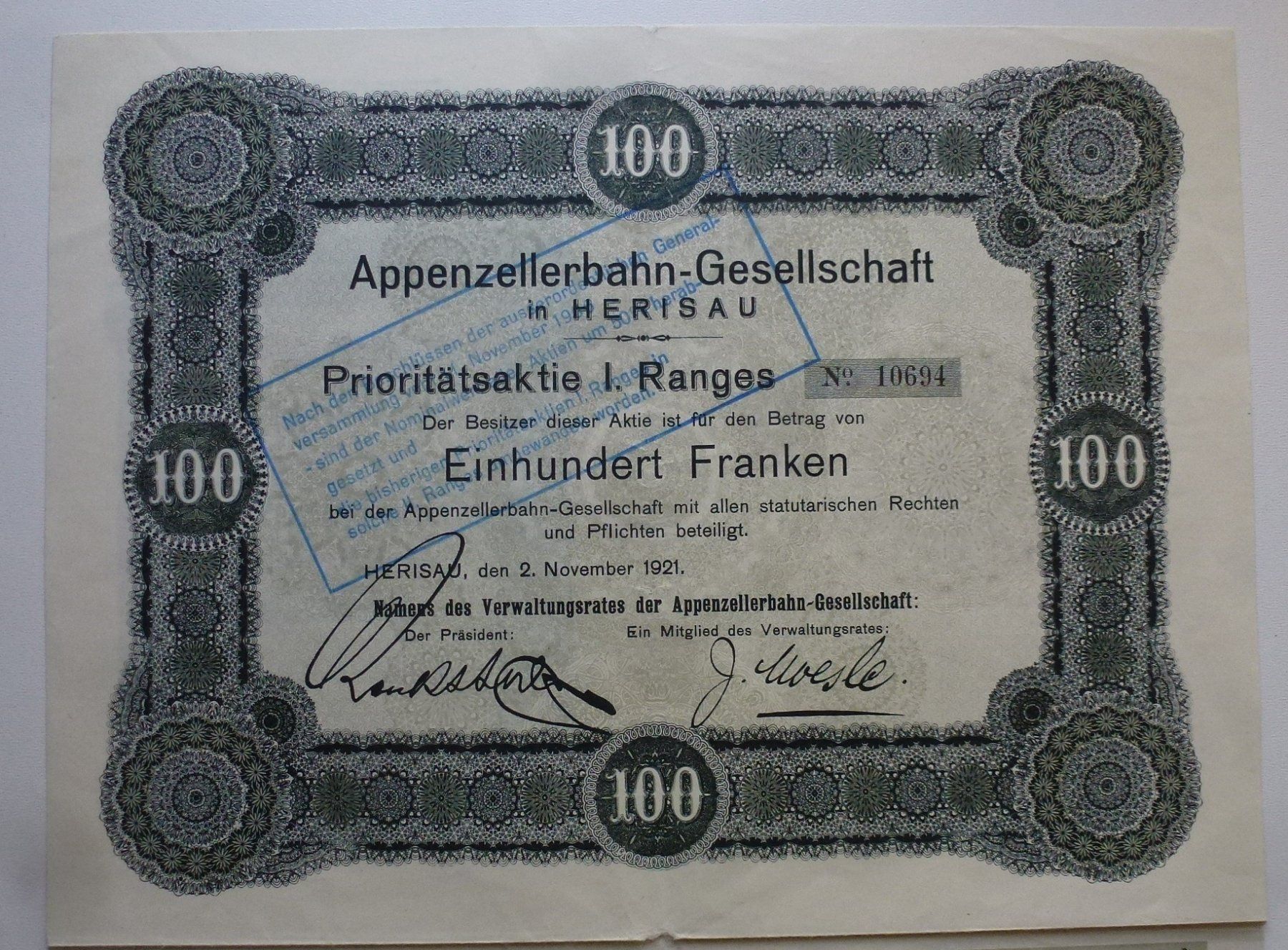 Dokumente: Aktie 1921 Appenzellerbahn-Gesellschaft – Gebraucht aus Walkringen von Casablanca777 1