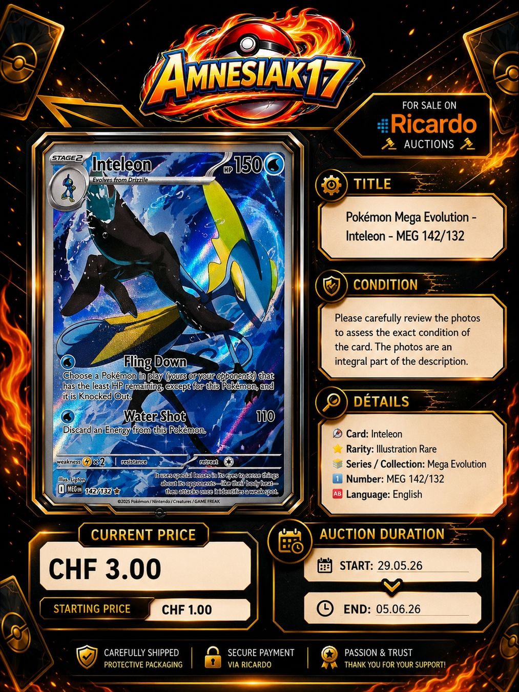 Pokémon Carte collezionabili: Pokémon Mega Evolution - Inteleon - MEG 142/132 – Nuovo (secondo la descrizione) da Cheseaux-Lausanne venduto da Amnesiak17