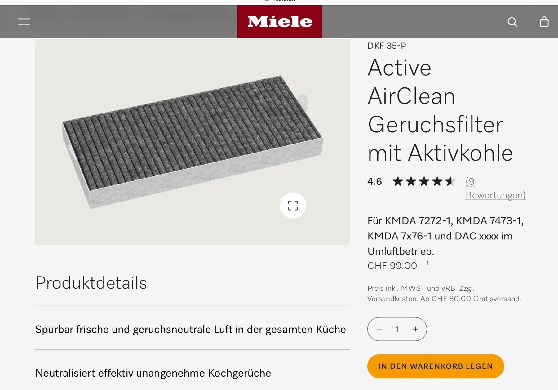 Miele Ventilazione: Miele DKF 35-P Active AirClean Geruchsfilter, Neupreis 99.- – Nuovo e nell'imballaggio originale da Freienwil venduto da Hubi030