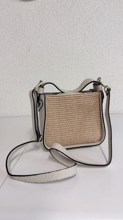 Damen Sommertasche Beige Leder/Strohhut Look 25cm