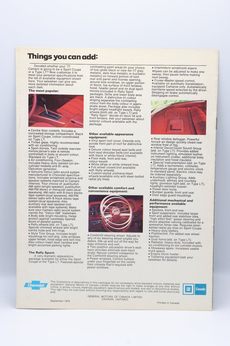 Chevrolet Dokumente: Chevrolet Camaro 1977 Prospekt – Gebraucht aus Bühl b.Aarberg von Collectorpassions 1