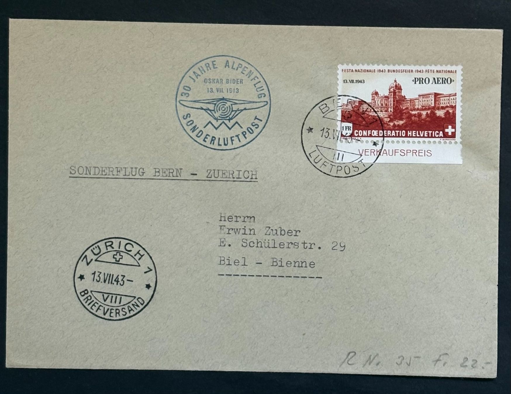 Tutti i francobolli: SONDERFLUG BERN-ZÜRICH 1943 – Usato da Ostermundigen venduto da crazy-horse-1840