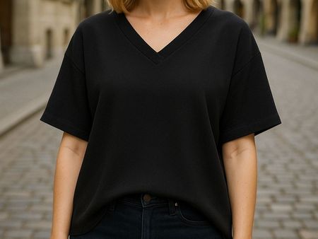 V-Neck Bluse Schwarz Gr. M L Oversized Kurzarm business 43
