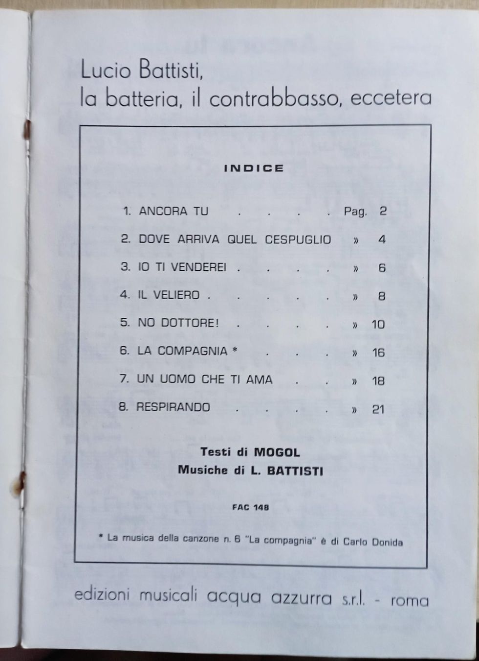 Libri: Lucio Battisti "la batteria, il contrabasso ecc." Songbuch – Usato da Neuenhof venduto da Cassiopala 1