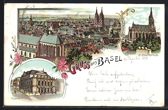 Ansichtskarten: Litho Basel, Teilansicht, St. Elisabethe – Gebraucht aus Berlin von bartko-reher
