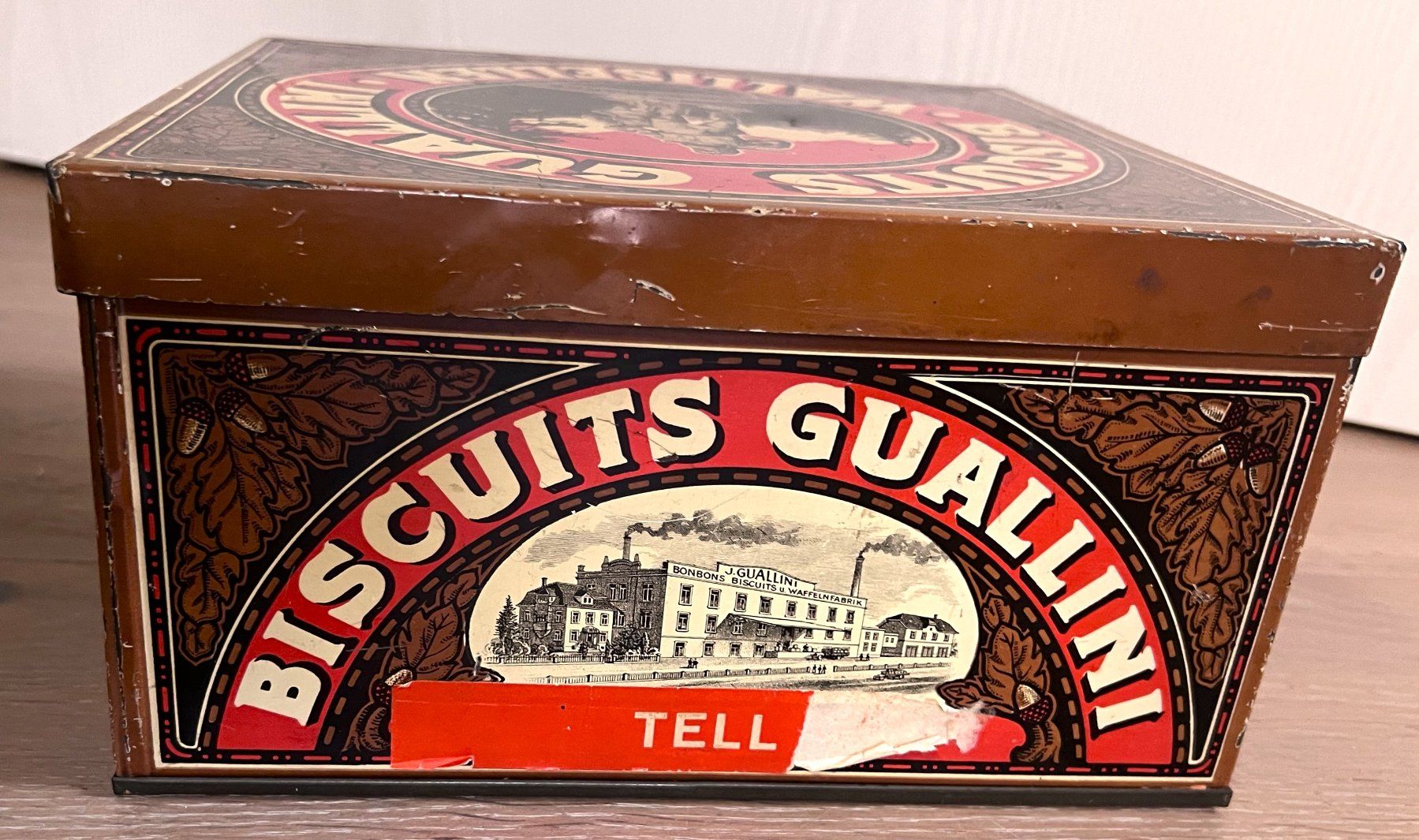 Barattoli: Antike Blechdose "BISCUITS GUALLINI , WALLISELLEN TELL" top! – Usato da Rothrist venduto da Brandystar 5