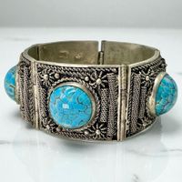 Bracelet ancien en métal argenté et turquoise