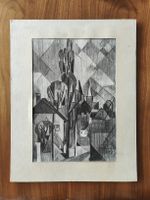 Dessin ancien Cubisme signé daté 1952 crayon paysage village