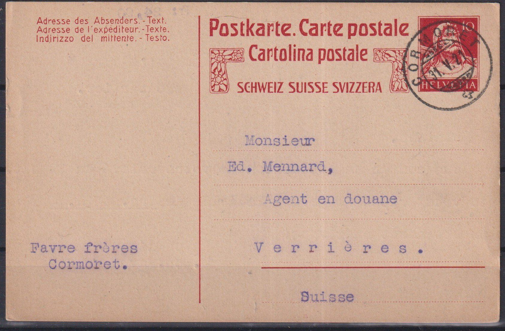 Tutti i francobolli: C49) Postkarte Stempel Cormoret – Usato da Claro venduto da Chanty7