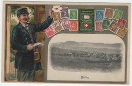 Hallau mit Briefträger und Briefmarken