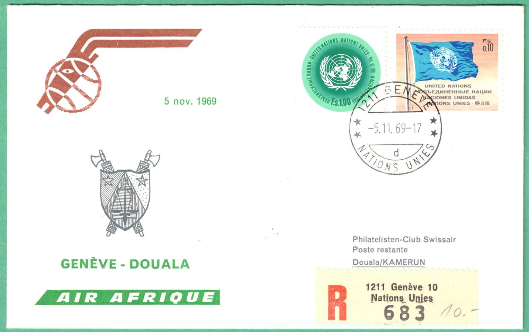 Tutti i francobolli: AIR AFRIQUE  1969  Geneève - Douala – Usato da Mellingen venduto da Ginger