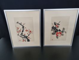 Asiatische Tuschmalerei Stil Red Blossom 2, 2er Set, gerahmt