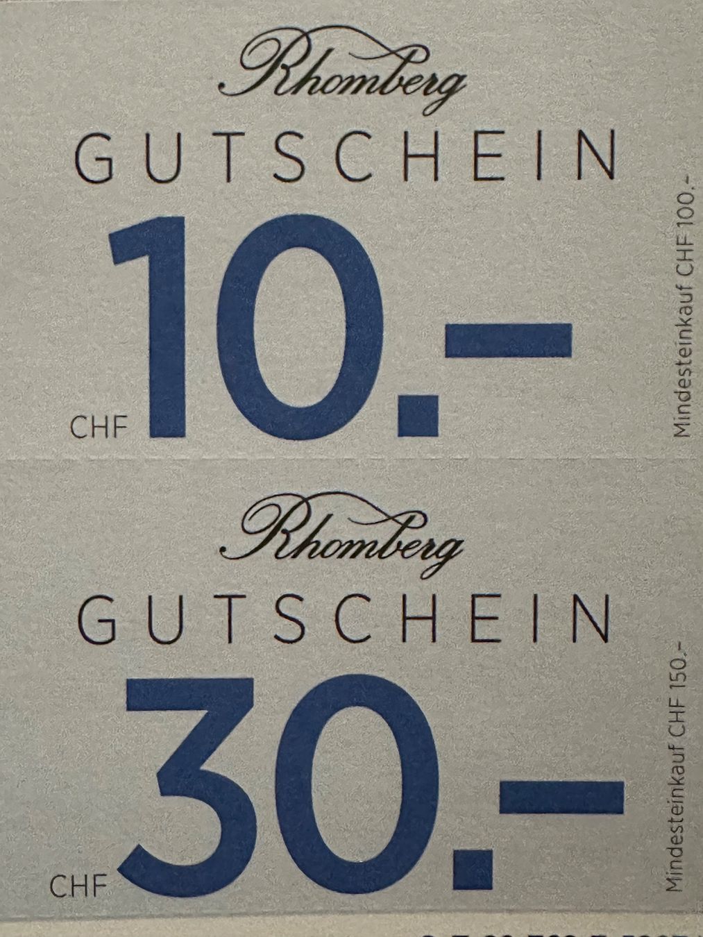 Buoni: Rhomberg Gutschein 10.- & 30.- – Nuovo e nell'imballaggio originale da Zürich venduto da ong8