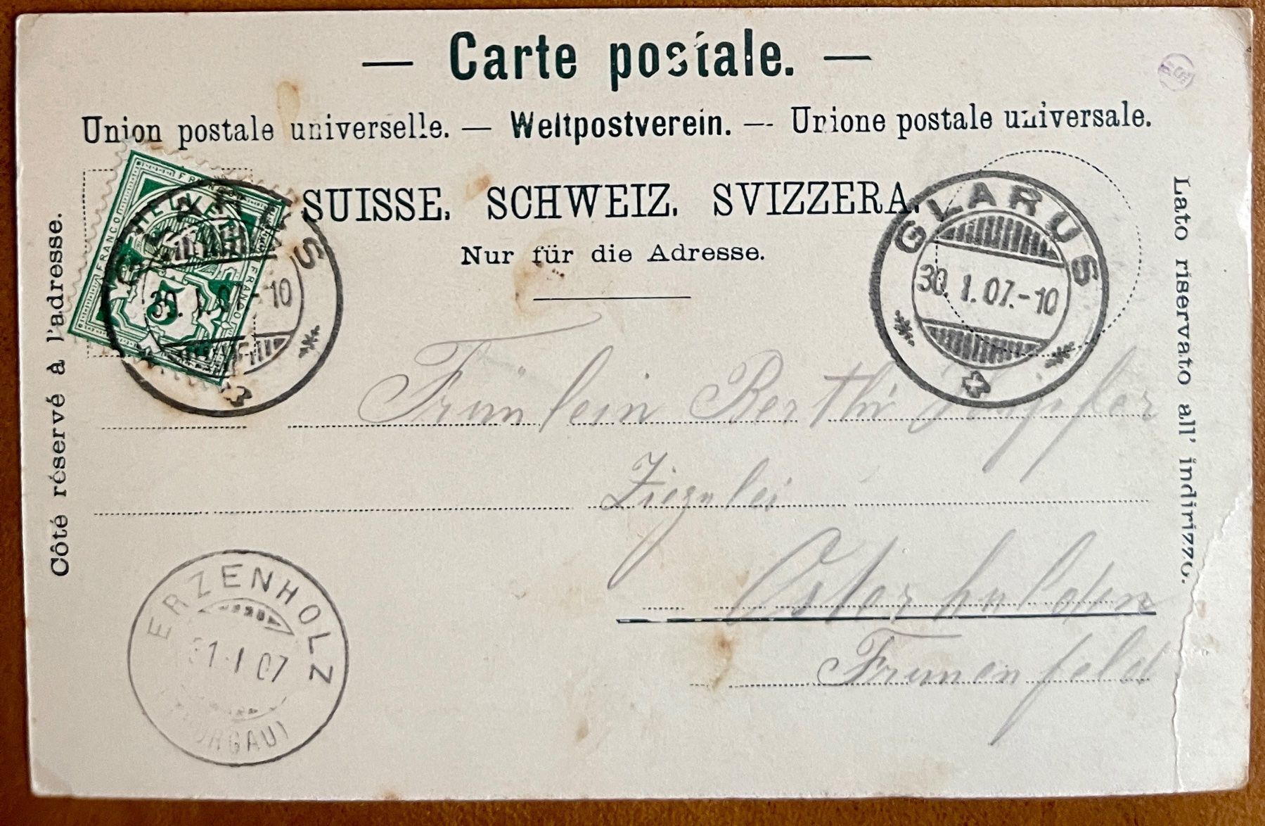 Ansichtskarten: GLARUS - Neuer Bahnhof - Gruss aus Glarus 1907 – Gebraucht aus Lutry von Ediego 2