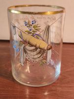 Antikes Glas handbemalt Goldrand Spruch Fischer Szene 9.5cm