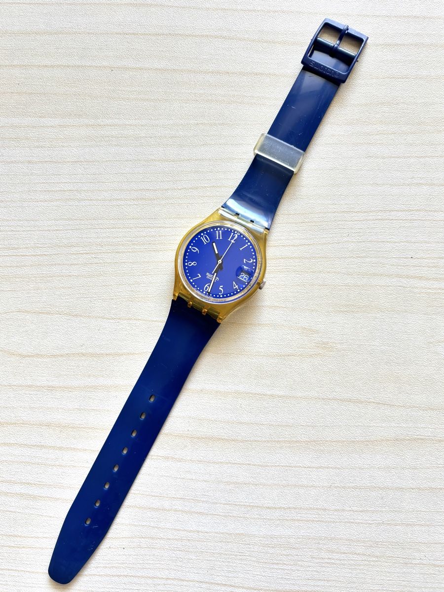 Swatch Uhren: Swatch Uhr blau gold transparent Datum  – Gebraucht aus Grenchen von chththl 1