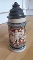 Antiker Bierkrug  Keramik-Relief mit Zinndeckel (Modell 679)