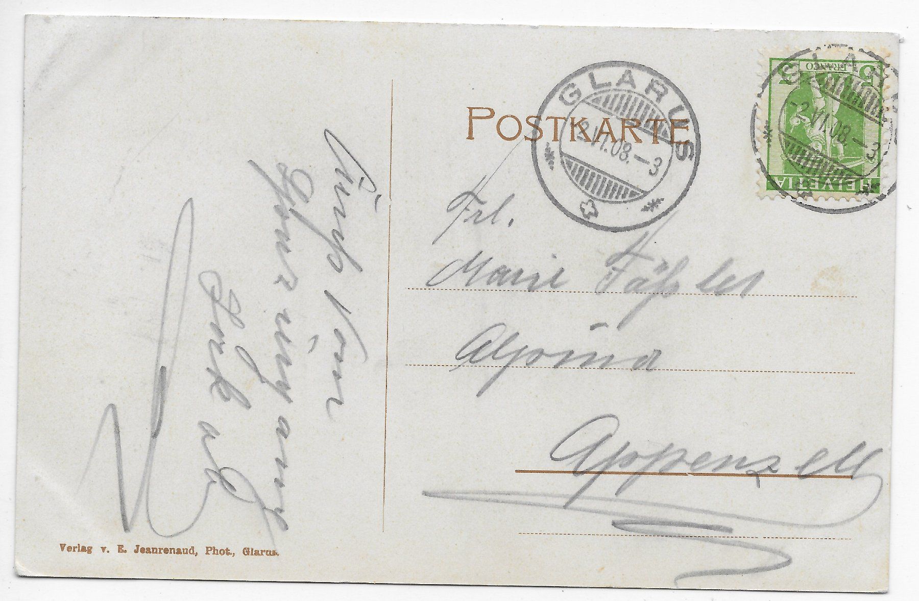 Cartoline postali: Glarus, Bahnhofstrasse & Burgstrasse um 1908 – Usato da Hefenhofen venduto da Richsalz 1