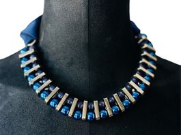 MaxMara Edle Statement Kette Blau Silber Perlen