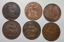 6 One Penny Münzen, 1874, 1919, 1928, 1937, 1938, 1947