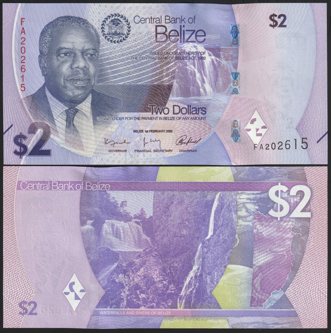 Billets de banque: Belize 2 Dollars UNC 2025 – Neuf avec emballage d'origine à Naters par Radman
