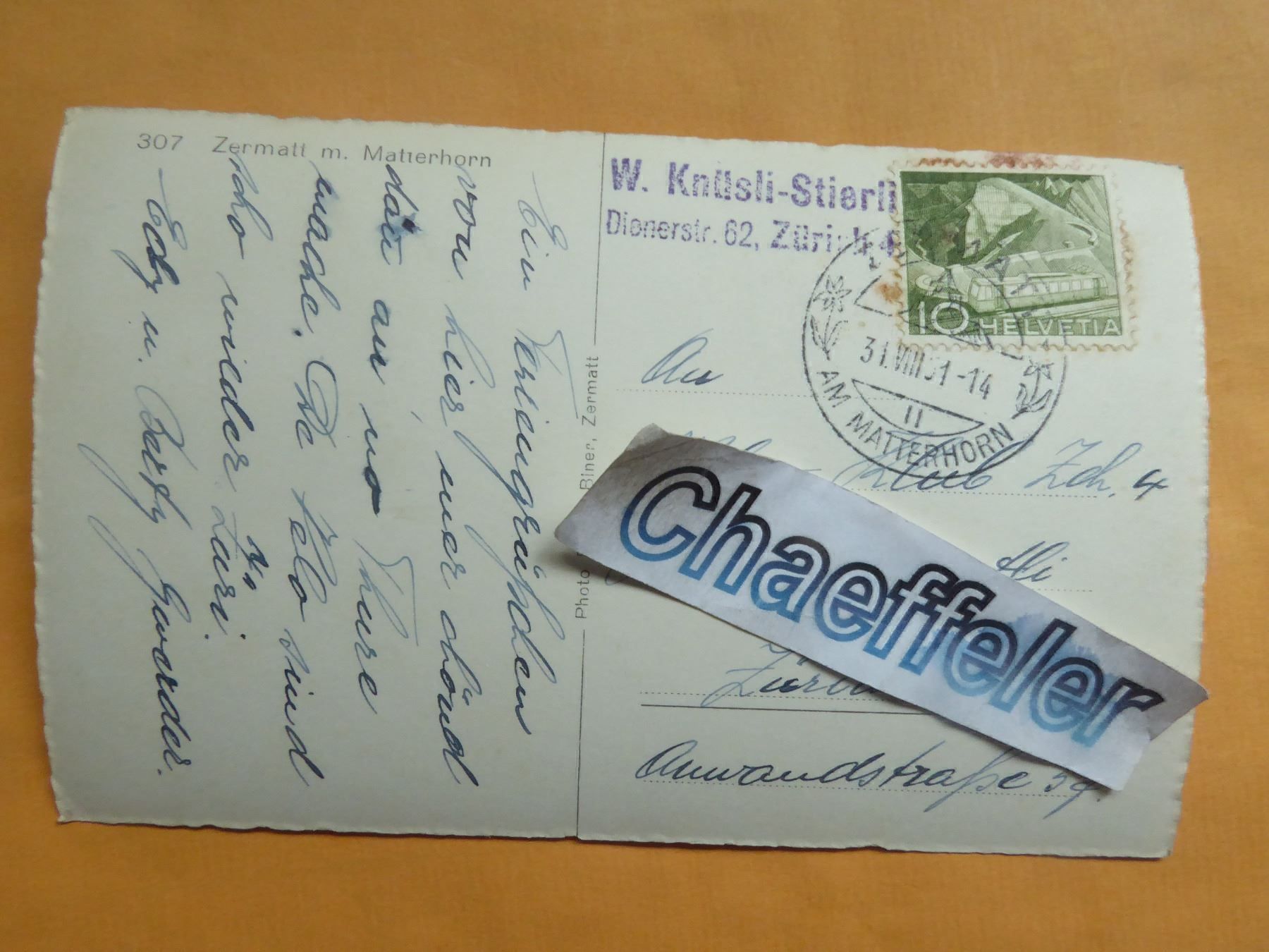 Cartoline postali: 1951 307 Zermatt mit Matterhorn – Usato da Zürich venduto da Chaeffeler 1
