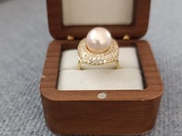 Bague Perle & Halo Scintillant – Argent 925 Doré, T54!