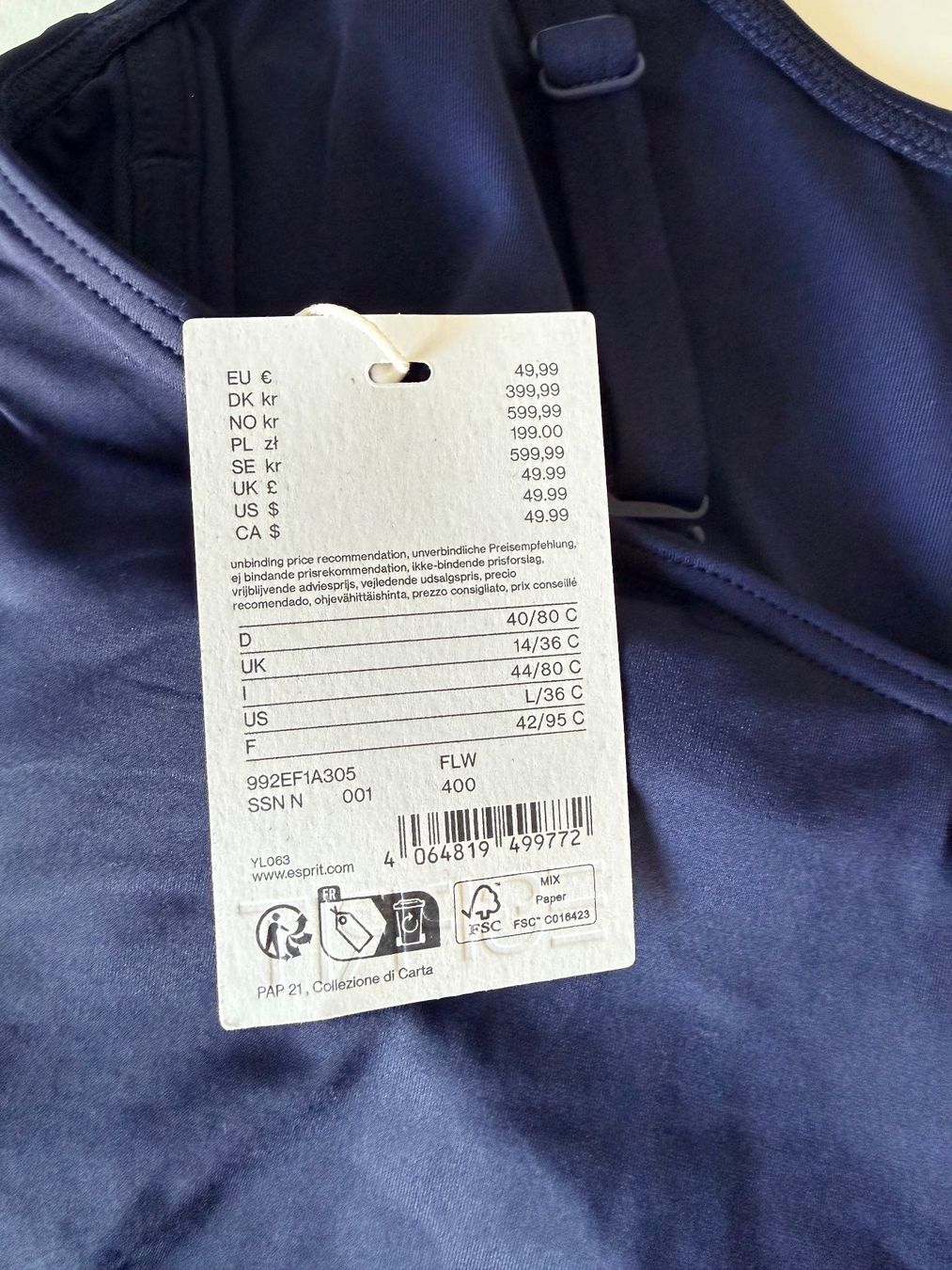 Esprit Costumi da bagno & Bikini: ESPRIT, Badekleid, Grösse 40/80C, Farbe Dunkelblau – Nuovo e nell'imballaggio originale da Rudolfstetten venduto da gst_g7xl 7
