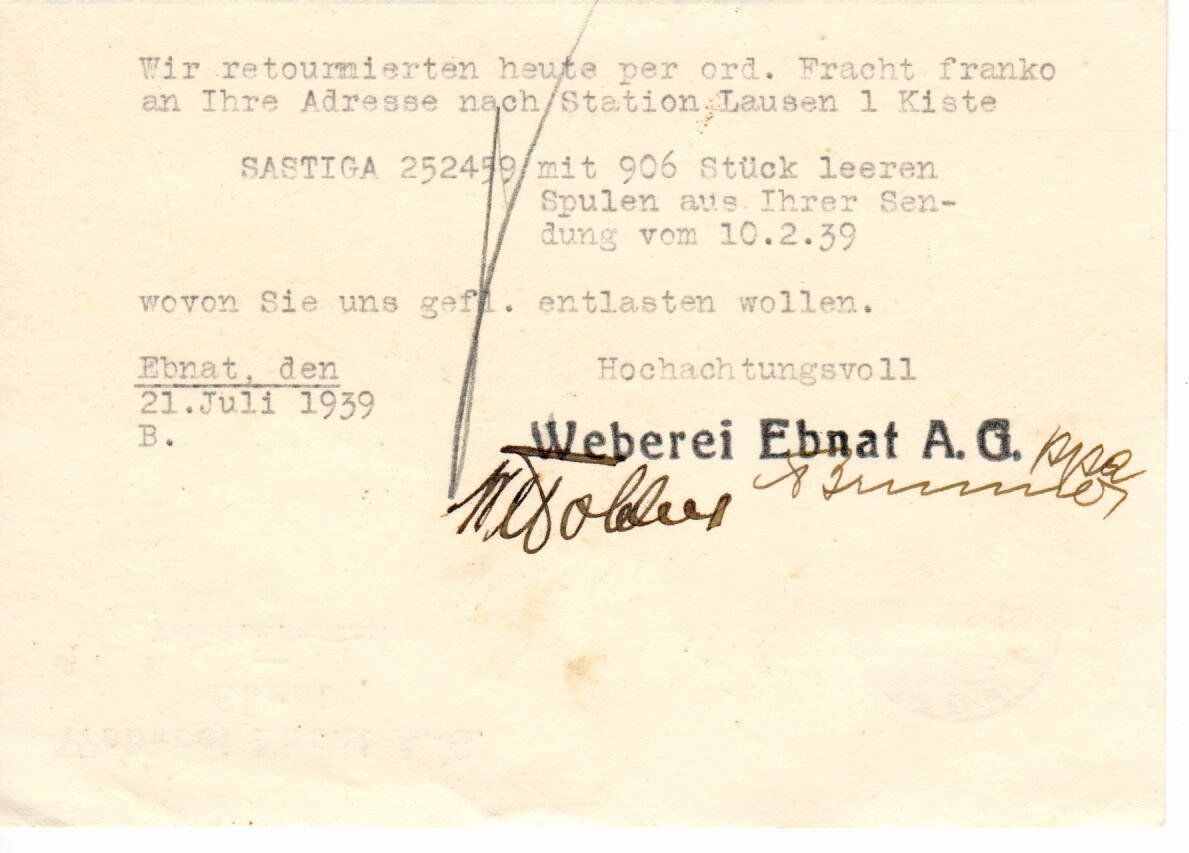 Tutti i francobolli: PK Weberei Ebnat A.G. 1939 – Usato da Wolhusen venduto da Curver9 1