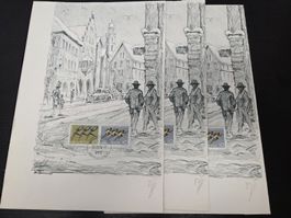 Lithographie 3x Sportmotiv mit Briefmarke 