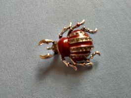 Brosche Käfer rot goldfarben mit Strasssteinen