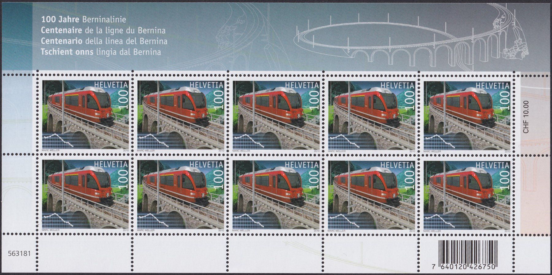 Tutti i francobolli: 2010, Kleinbogen BAHN: Nr.1350.KLB mit 3 Abarten +Attest ! – Usato da Sursee venduto da Luzernerraute