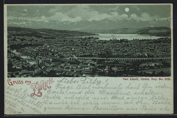 Cartoline postali: Lithographie Zürich, Totalansicht, 1898 – Usato da Berlin venduto da bartko-reher