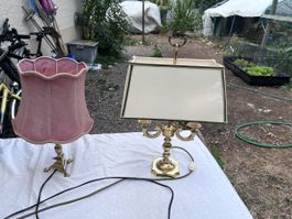 Tischlampe Messing mit Stoffschirm alt , 2 Stk (134)
