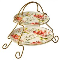 New Xmas Two Tier Serving Platter Stand Gold Metal and Plate
